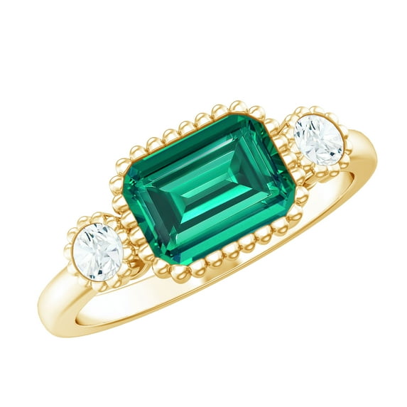 Rosec Jewels Lab Grown Emerald Ring with Diamond in East West Style (6X8 mm), 10K Yellow Gold, US 7.50