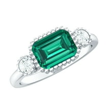 Rosec Jewels Lab Grown Emerald Ring with Diamond in East West Style (6X8 mm), 925 Sterling Silver, US 4.00