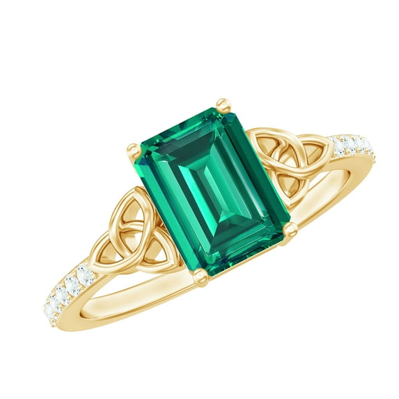 Rosec Jewels Certified Lab Grown Emerald Cut Emerald Engagement Ring with Diamond - Celtic Knot Ring - AAAA Grade - with Jewelry Box, 14K Yellow Gold, US 11.50