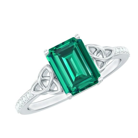 Rosec Jewels Certified Lab Grown Emerald Cut Emerald Engagement Ring with Diamond - Celtic Knot Ring - AAAA Grade - with Jewelry Box, 18K White Gold, US 9.00