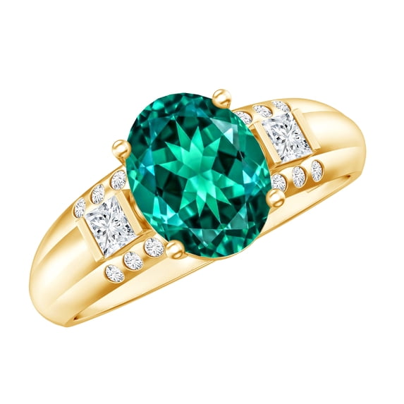 Lab Grown Emerald Solitaire Statement Ring with Diamond - 3 Carat - AAAA Grade, 10K Yellow Gold, US 13.00