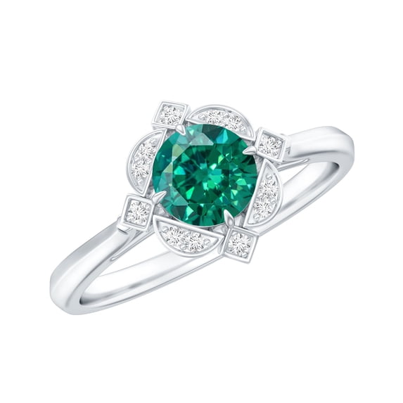 Rosec Jewels Lab Grown Emerald Vintage Inspired Ring with Diamond for Women - AAAA Grade, 10K White Gold, US 7.50
