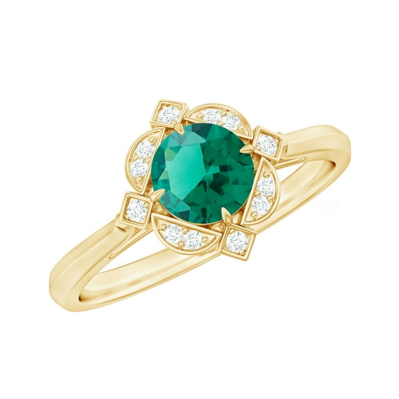 Rosec Jewels Lab Grown Emerald Vintage Inspired Ring with Diamond for Women - AAAA Grade, 18K Yellow Gold, US 13.00