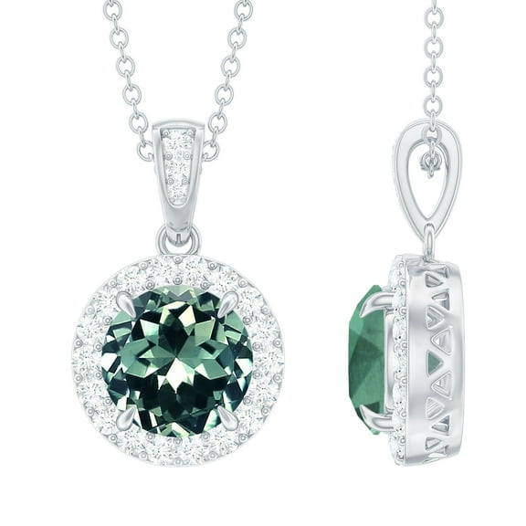 Rosec Jewels Lab Grown Green Sapphire Pendant Necklace with Moissanite Halo (AAAA Quality), 925 Sterling Silver