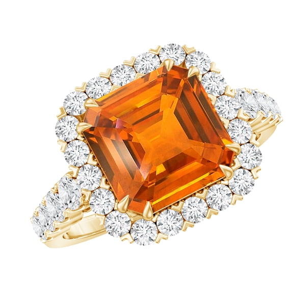 Rosec Jewels Certified Lab Grown Orange Sapphire Asscher Cut Engagement Ring with Halo - AAAA Quality - with Jewelry Box, 18K Yellow Gold, US 4.50
