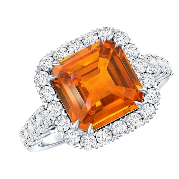 Rosec Jewels Certified Lab Grown Orange Sapphire Asscher Cut Engagement Ring with Halo - AAAA Quality - with Jewelry Box, 925 Sterling Silver, US 4.00