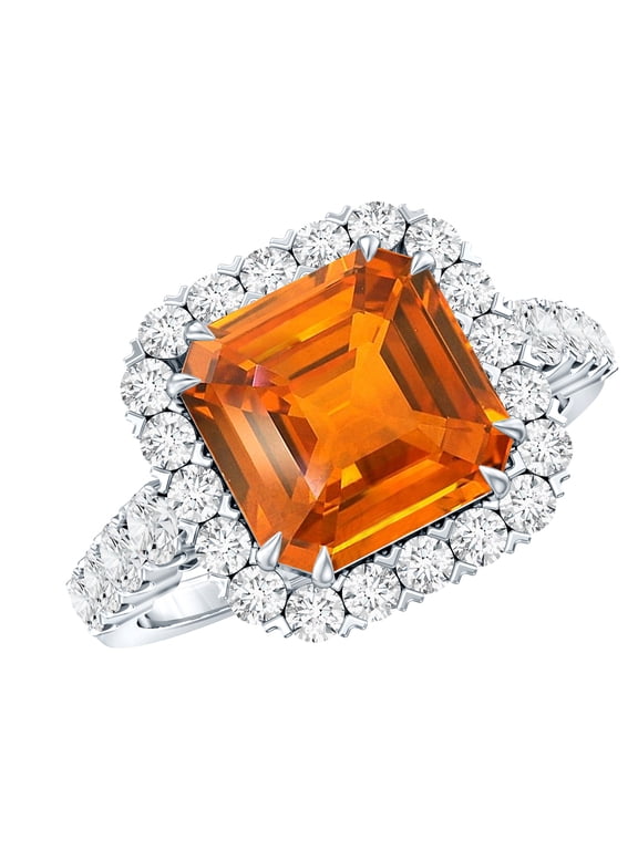 Certified Lab Grown Orange Sapphire Asscher Cut Engagement Ring with Halo - AAAA Quality - with Jewelry Box, 925 Sterling Silver, US 4.00
