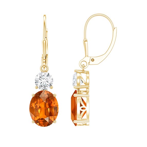 Lab Grown Orange Sapphire Drop Earrings with Moissanite - 8X10 mm Sapphire, 14K Yellow Gold