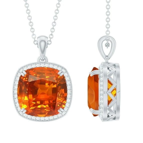 Rosec Jewels Lab Grown Orange Sapphire Pendant Necklace for Women - 9 Carat - 12mm Cushion Cut - AAAA Quality - with Jewelry Box, 18K White Gold