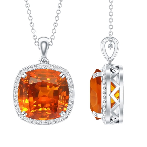 Rosec Jewels Lab Grown Orange Sapphire Pendant Necklace with Diamond Halo (9 Carat Cushion Cut, AAAA Grade) - with Jewelry Box, 925 Sterling Silver