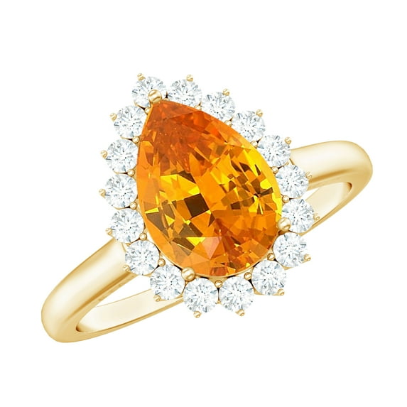 Rosec Jewels Lab Grown Orange Sapphire Ring with Diamond Halo - 7X10 mm - AAAA Grade, 14K Yellow Gold, US 12.00