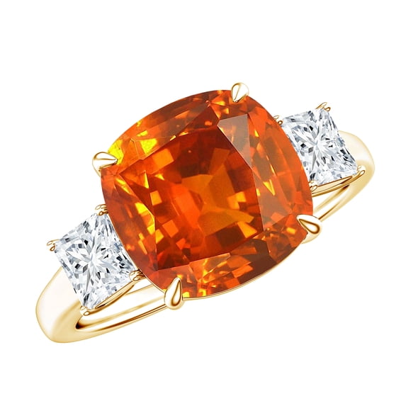 Lab Grown Orange Sapphire Solitaire Ring with Moissanite - AAAA Quality - Cushion Cut - 9 Carat - with Jewelry Box, 10K Yellow Gold, US 9.00