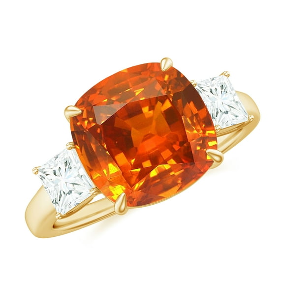 Rosec Jewels Lab Grown Orange Sapphire Solitaire Ring with Moissanite - 10 mm Cushion Cut, 18K Yellow Gold, US 5.00
