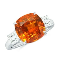 Rosec Jewels Lab Grown Orange Sapphire Solitaire Ring with Moissanite - 10 mm Cushion Cut, 925 Sterling Silver, US 4.00
