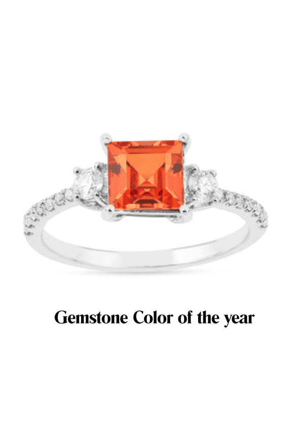 Lab Grown Peach Padparadscha Sapphire Three Stone Sapphire Ring For Women - Peach Sapphire Sterling Silver Three Stone Square Classic Ring For Her