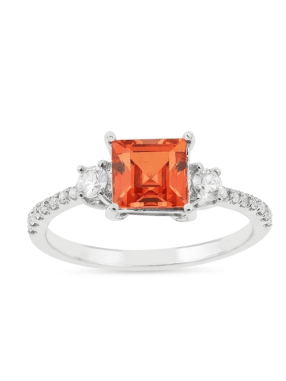 Lab Grown Padparadscha Sapphire Three Stone Ring, 925 Sterling Silver 1.83 Ct, Moissanite Accent, September Birthstone for Women