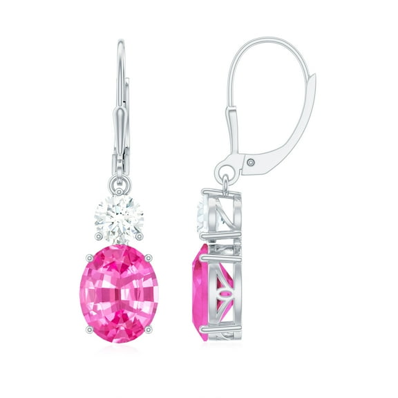 Lab Grown Pink Sapphire Drop Earrings with Moissanite, Lever Back Earrings - AAAA Grade, 10K White Gold
