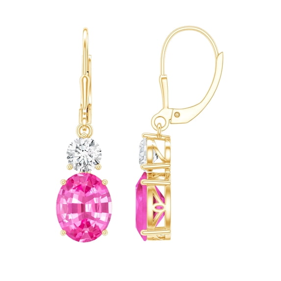 Lab Grown Pink Sapphire Drop Earrings with Moissanite, Lever Back Earrings - AAAA Grade, 18K Yellow Gold