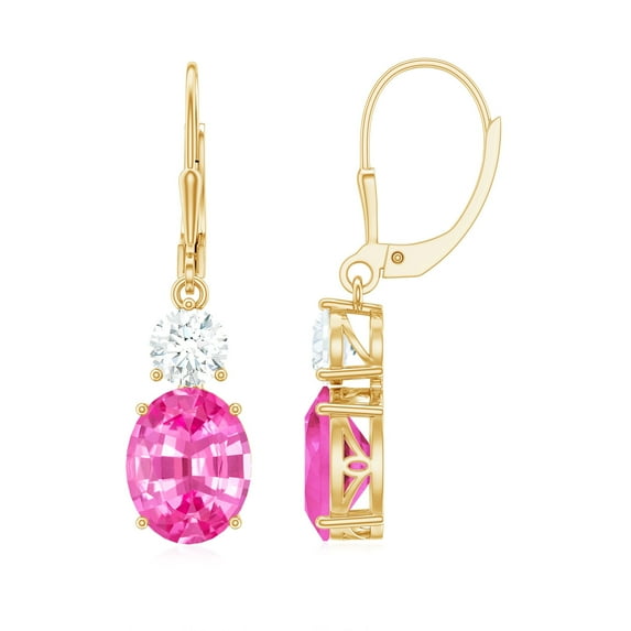 Lab Grown Pink Sapphire Drop Earrings with Moissanite, Lever Back Earrings - AAAA Grade, 18K Yellow Gold