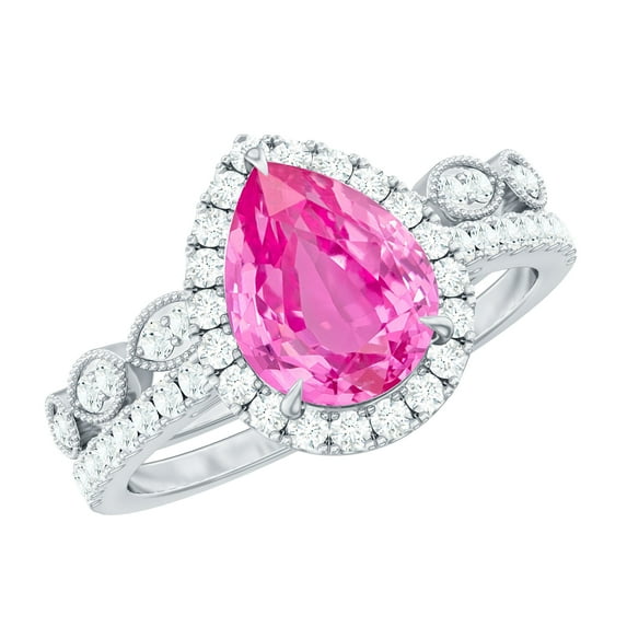 Rosec Jewels Lab Grown Pink Sapphire Ring Set with Diamond for Women, Designer Ring Set, 10K White Gold, US 8.00