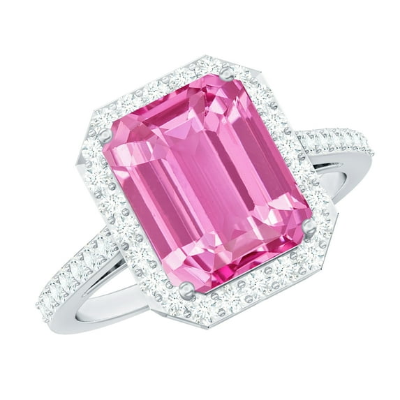 Rosec Jewels Lab Grown Pink Sapphire Ring with Diamond Halo for Women (8X10 mm, AAAA Grade), 18K White Gold, US 5.50