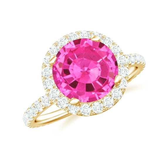 Rosec Jewels Lab Grown Pink Sapphire Ring with Diamond Halo for Women - AAAA Grade, 10K Yellow Gold, US 12.50