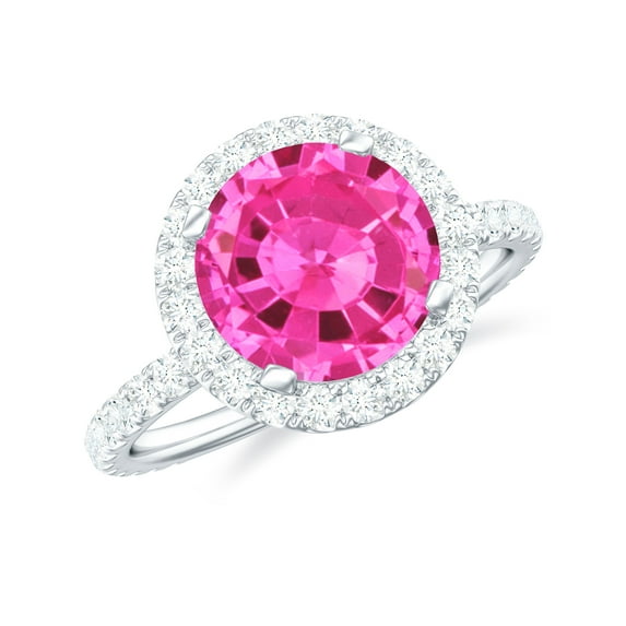 Rosec Jewels Lab Grown Pink Sapphire Ring with Diamond Halo for Women - AAAA Grade, 14K White Gold, US 5.00