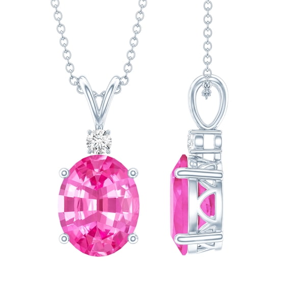 Rosec Jewels Lab Grown Pink Sapphire Solitaire Pendant with Moissanite (8X10 mm Oval Shape), 18K White Gold