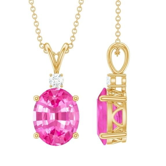 Rosec Jewels Lab Grown Pink Sapphire Solitaire Pendant with Moissanite (8X10 mm Oval Shape), 18K Yellow Gold