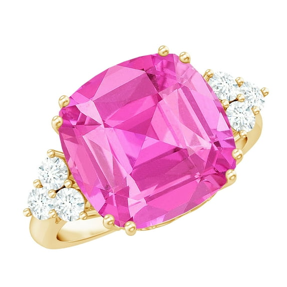 Rosec Jewels Lab Grown Pink Sapphire Cushion Cut Engagement Ring (12 mm, AAAA Grade) - Sapphire Diamond Ring - with Jewelry Box, 10K Yellow Gold, US 7.00
