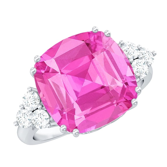 Rosec Jewels Lab Grown Pink Sapphire Cushion Cut Engagement Ring (12 mm, AAAA Grade) - Sapphire Diamond Ring - with Jewelry Box, 14K White Gold, US 9.50