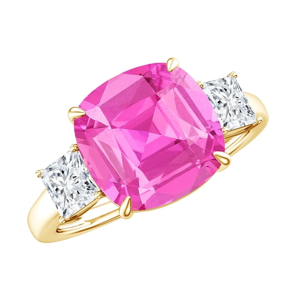 Rosec Jewels Lab Grown Pink Sapphire Solitaire Ring with Moissanite - 10 mm - AAAA Grade, 10K Yellow Gold, US 8.50