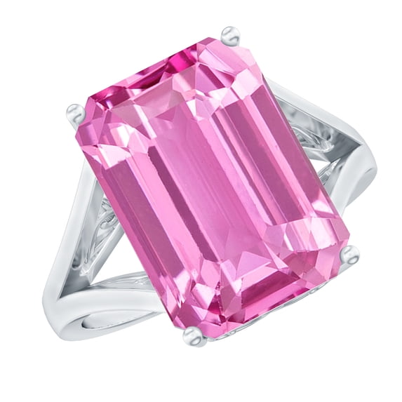 Rosec Jewels Lab Grown Pink Sapphire Emerald Cut Ring (9 Ct - 10X14 mm - AAAA Grade Certified) - Cocktail Ring with Jewelry Box, 14K White Gold, US 7.00