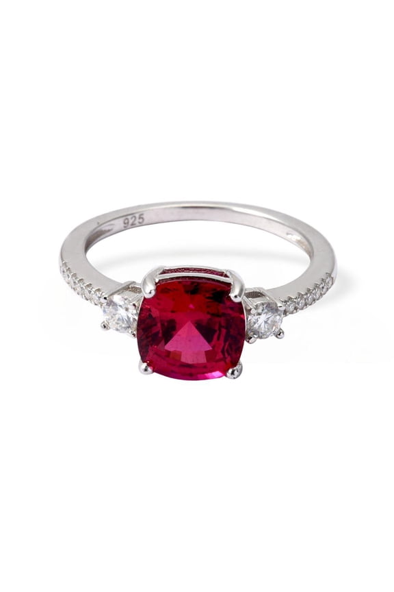 Lab Grown Ruby Cushion Three Stone Ring