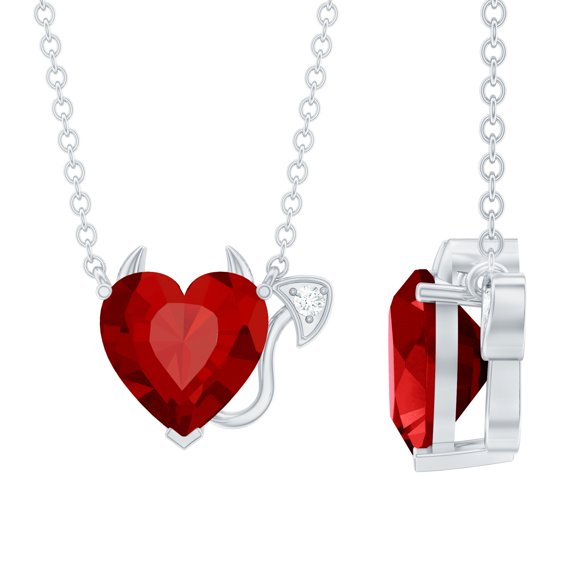 Rosec Jewels Lab Grown Ruby Devil Heart Necklace with Diamond for Women (2 Carat, AAAA Quality) - Jewelry Box Included, 14K White Gold