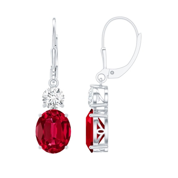 Lab Grown Ruby Drop Earrings with Moissanite for Women, Lever Back Earrings - AAAA Grade, 10K White Gold