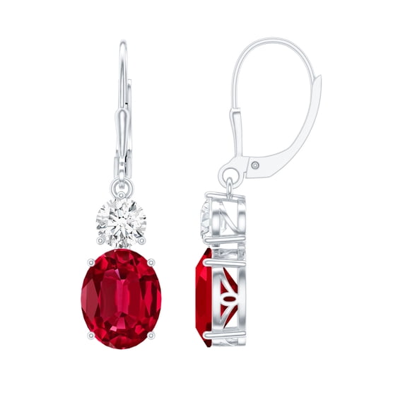 Lab Grown Ruby Drop Earrings with Moissanite for Women, Lever Back Earrings - AAAA Grade, 14K White Gold