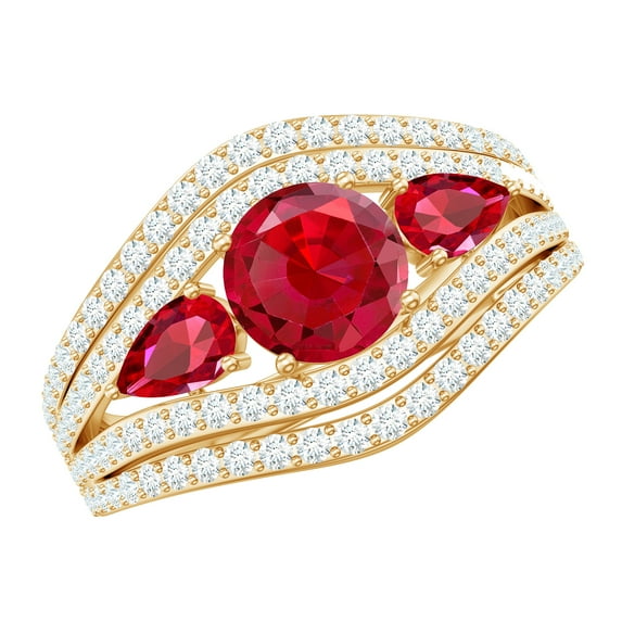 Rosec Jewels Lab Grown Ruby Engagement Ring for Women, 3 Stone Ring, AAAA Grade, 10K Yellow Gold, US 10.50