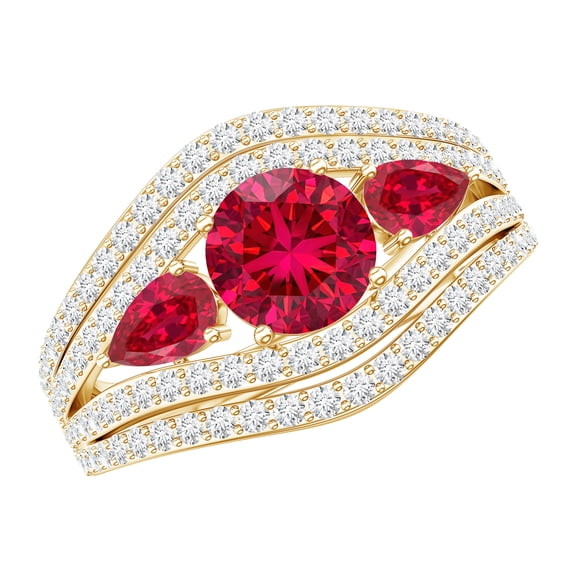 Rosec Jewels Certified Lab Grown Ruby 3 Stone Engagement Ring for Women - Ruby Moissanite Ring - AAAA Quality - with Jewelry Box, 18K Yellow Gold, US 13.00