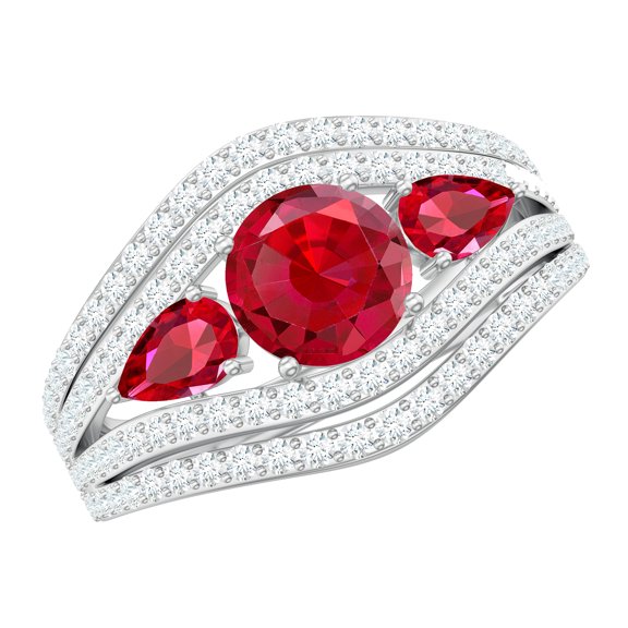 Rosec Jewels Certified Lab Grown Ruby 3 Stone Engagement Ring for Women - Ruby Moissanite Ring - AAAA Quality - with Jewelry Box, 925 Sterling Silver, US 4.00