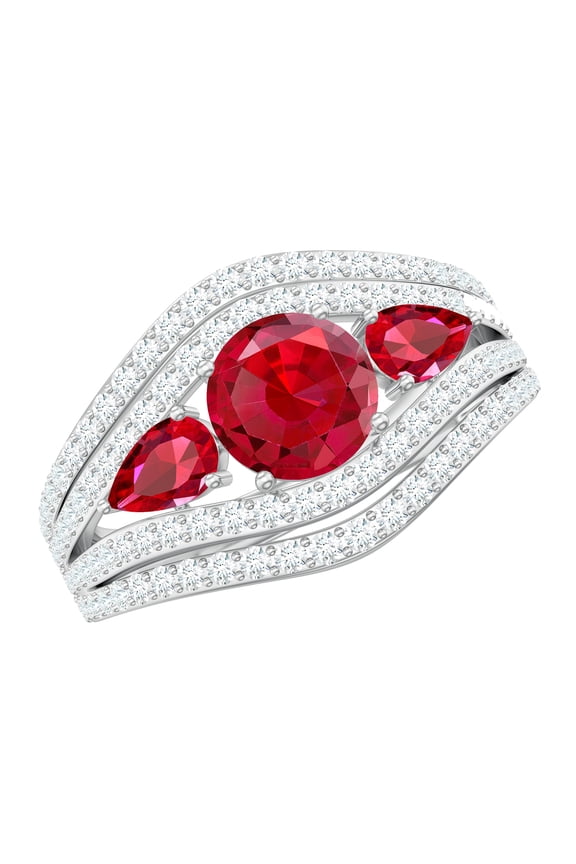 Certified Lab Grown Ruby 3 Stone Engagement Ring for Women - Ruby Moissanite Ring - AAAA Quality - with Jewelry Box, 925 Sterling Silver, US 4.00