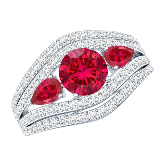 Rosec Jewels Certified Lab Grown Ruby 3 Stone Engagement Ring for Women - Ruby Moissanite Ring - AAAA Quality - with Jewelry Box, 925 Sterling Silver, US 4.00