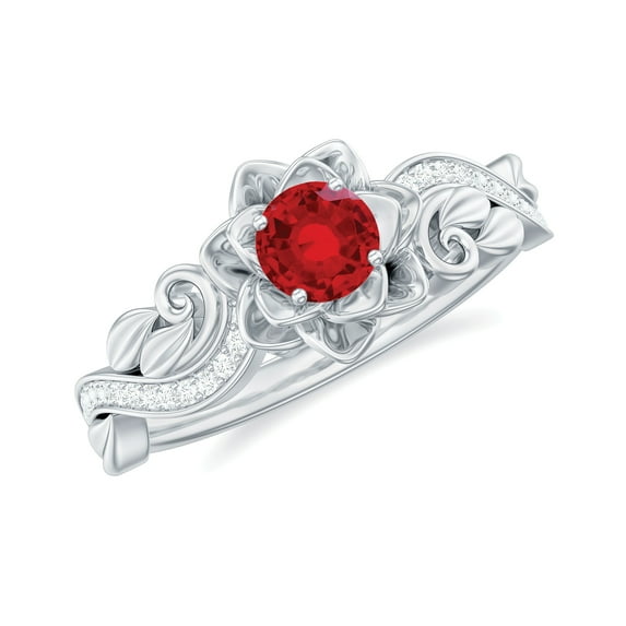 Rosec Jewels Lab Grown Ruby Floral Ring with Diamond for Women - Nature Inspired Ring, 18K White Gold, US 11.00