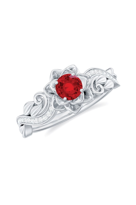 Lab Grown Ruby Floral Ring with Diamond for Women - Nature Inspired Ring, 925 Sterling Silver, US 4.00