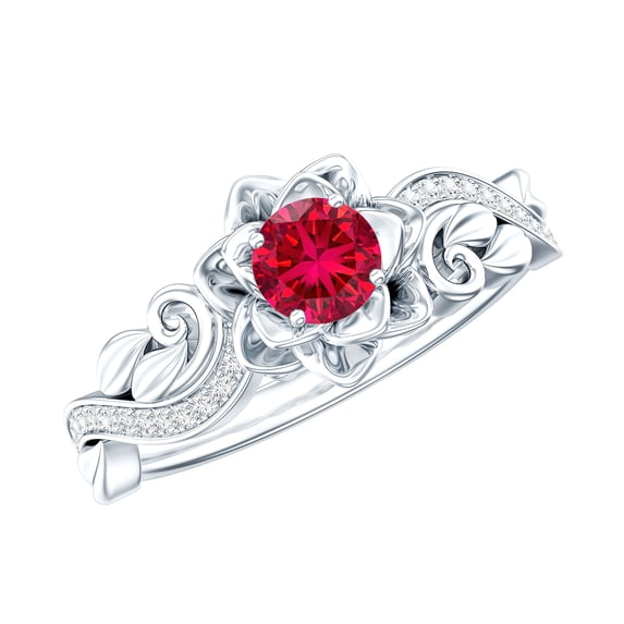 Rosec Jewels AAAA Quality Lab Grown Ruby Flower Engagement Ring with Diamond - Nature Inspired Ring for Women - with Jewelry Box, 925 Sterling Silver, US 4.00