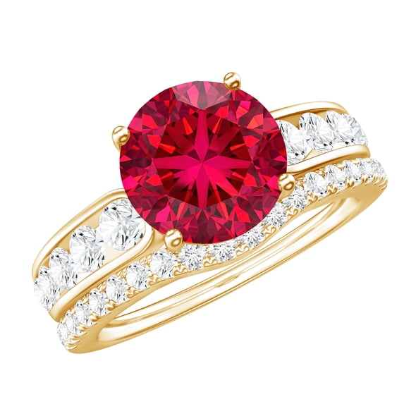 Rosec Jewels Lab Grown Ruby Wedding Bridal Ring Set - AAAA Grade Certified - Ruby Engagement Ring with Band - with Jewelry Box, 14K Yellow Gold, US 11.50