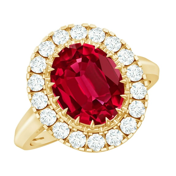 Rosec Jewels Lab Grown Ruby Ring with Moissanite Halo, Vintage Inspired Ring - AAAA Grade, 10K Yellow Gold, US 7.50