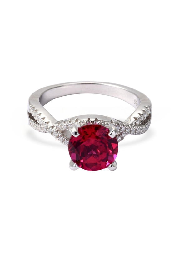Lab Grown Ruby Solitaire Moissanite Accents Red Cross Band Ring For Women-Silver Twisted Band Ring ForHer