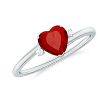 Rosec Jewels Lab Grown Ruby Solitaire Promise Ring with Diamond, Heart Ring, 925 Sterling Silver, US 4.00