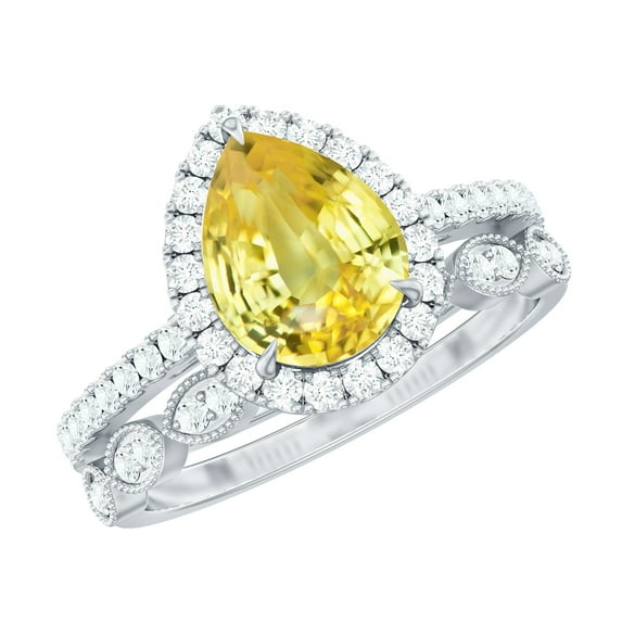 Rosec Jewels Lab Grown Yellow Sapphire Ring Set with Diamond, Teardrop Ring with Enhancer, 14K White Gold, US 11.00